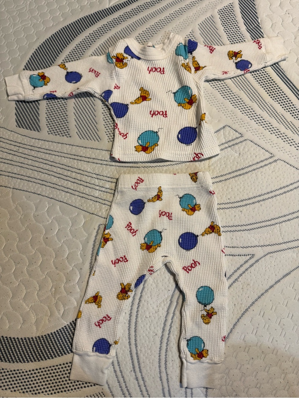 Vintage White Winnie the Pooh Kids Matching Set - Blue & Yellow Print